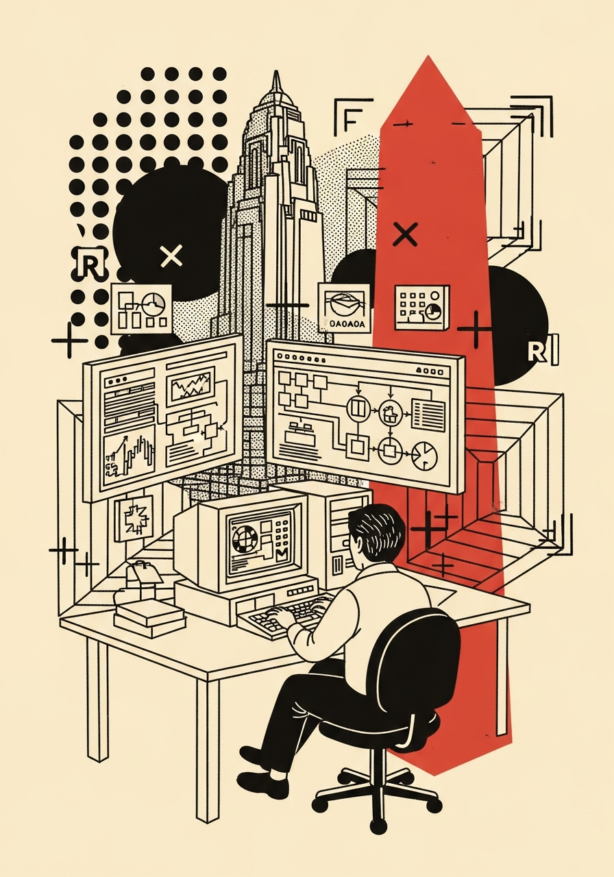 Ilustración editorial: persona trabajando frente a monitores que muestran dashboards y diagramas de automatización.